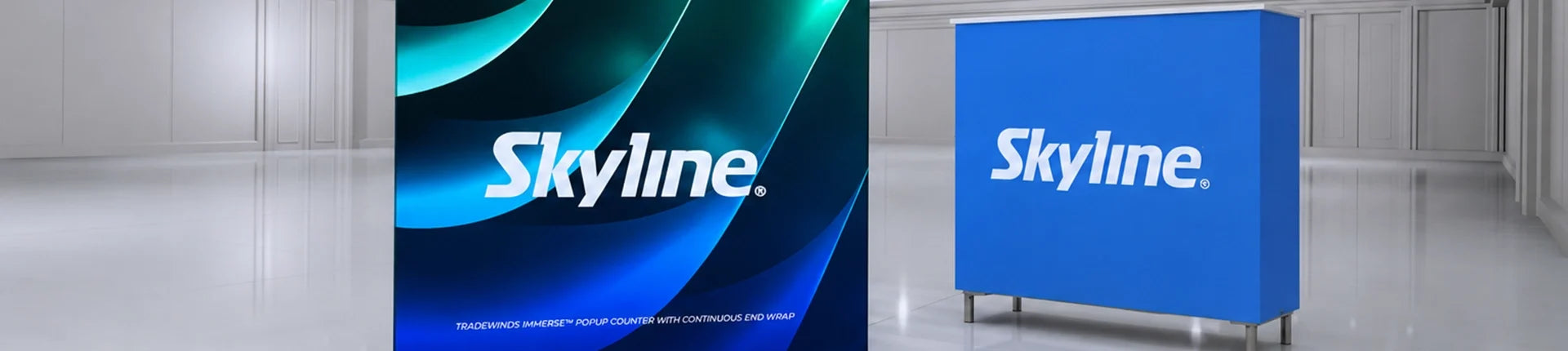Skyline table and counter display with custom graphics at a trade show