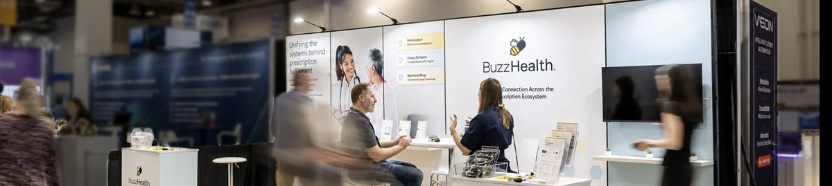 Quality trade show exhibit kit with branded backwall, counter, and video display