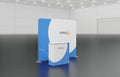 10-foot straight backwall with aluminum frame and single-sided pillowcase fabric and graphic-wrapped table