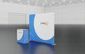 10-foot straight backwall with aluminum frame and single-sided pillowcase fabric and graphic-wrapped table