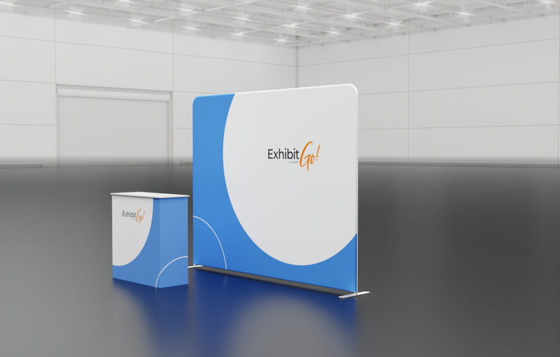 10-foot straight backwall with aluminum frame and single-sided pillowcase fabric and graphic-wrapped table