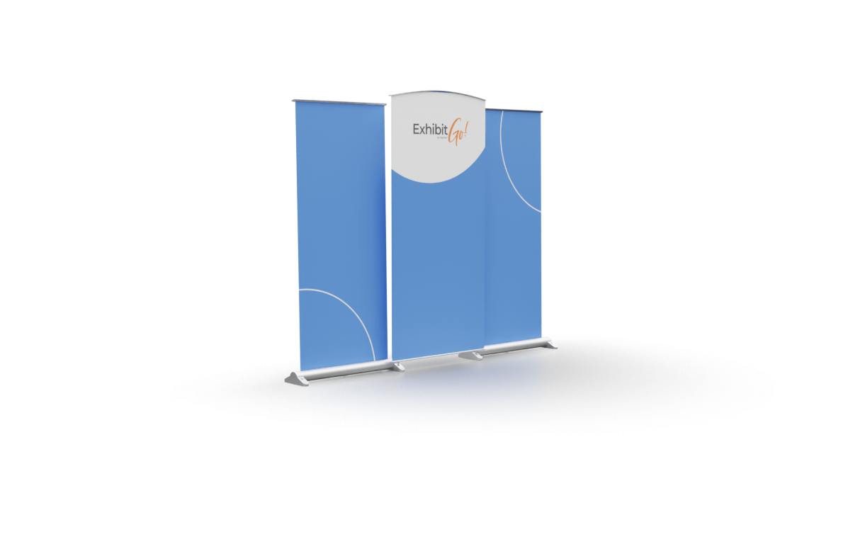 Three banners that can be combined to make one inline display; two banner stands and one central graphic panel