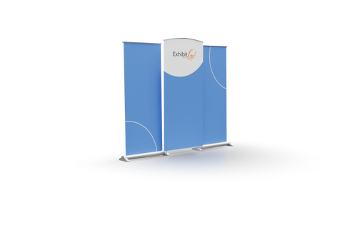 Three banners that can be combined to make one inline display; two banner stands and one central graphic panel