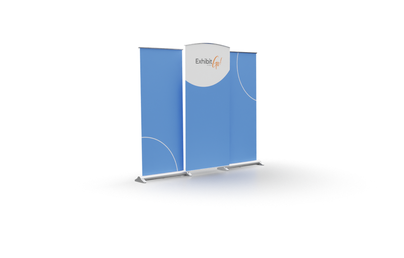Three banners that can be combined to make one inline display; two banner stands and one central graphic panel