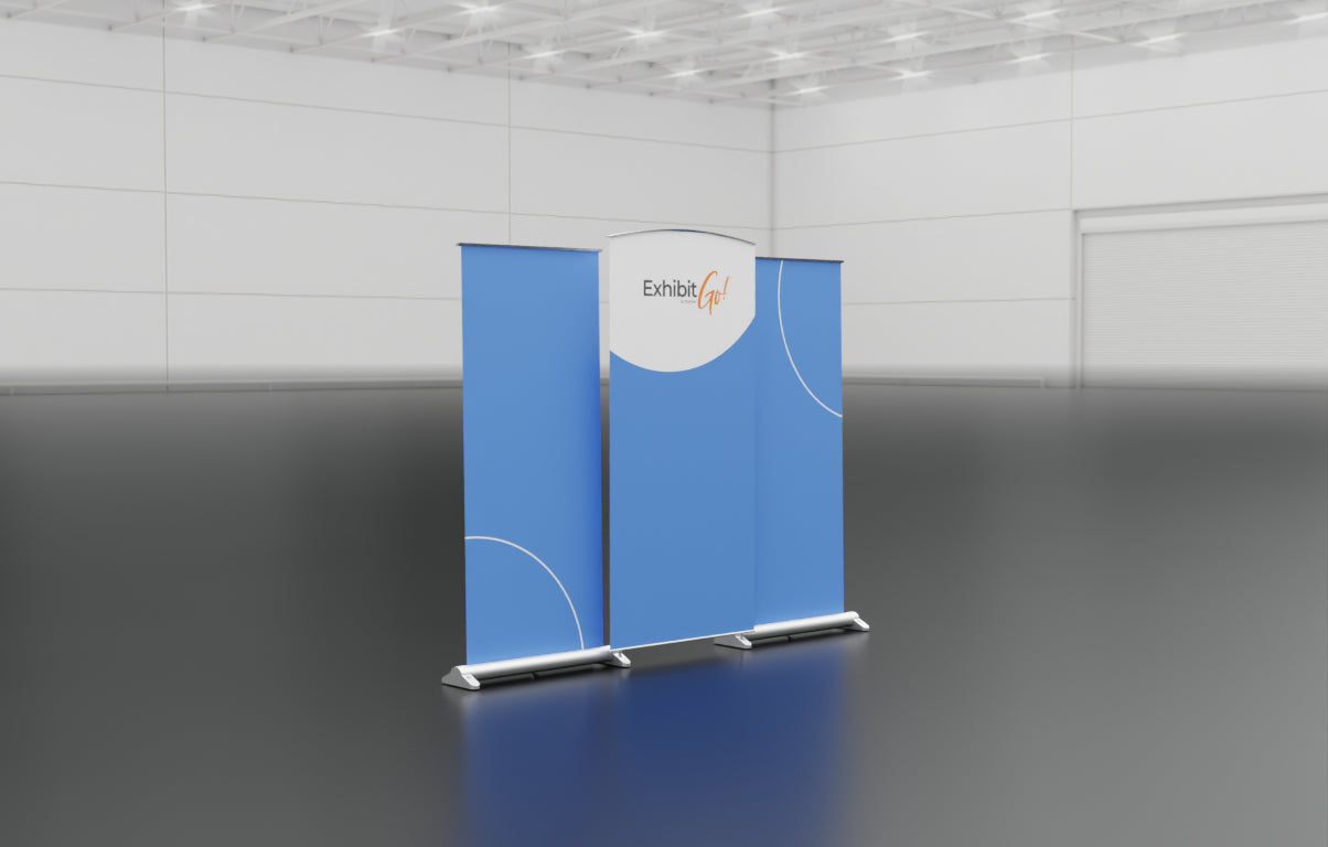 Three banners that can be combined to make one inline display; two banner stands and one central graphic panel