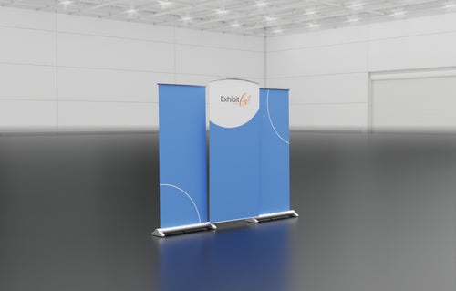 Three banners that can be combined to make one inline display; two banner stands and one central graphic panel