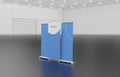 Three banners that can be combined to make one inline display; two banner stands and one central graphic panel