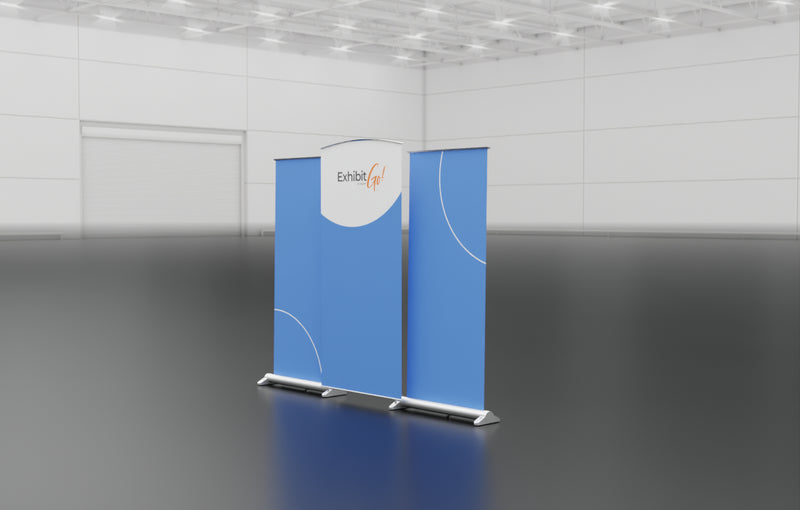Three banners that can be combined to make one inline display; two banner stands and one central graphic panel