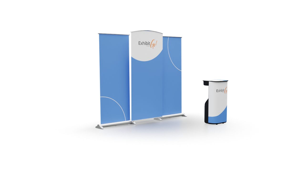 Three banners that can be combined to make one inline display; two banner stands and one central graphic panel, plus a display table