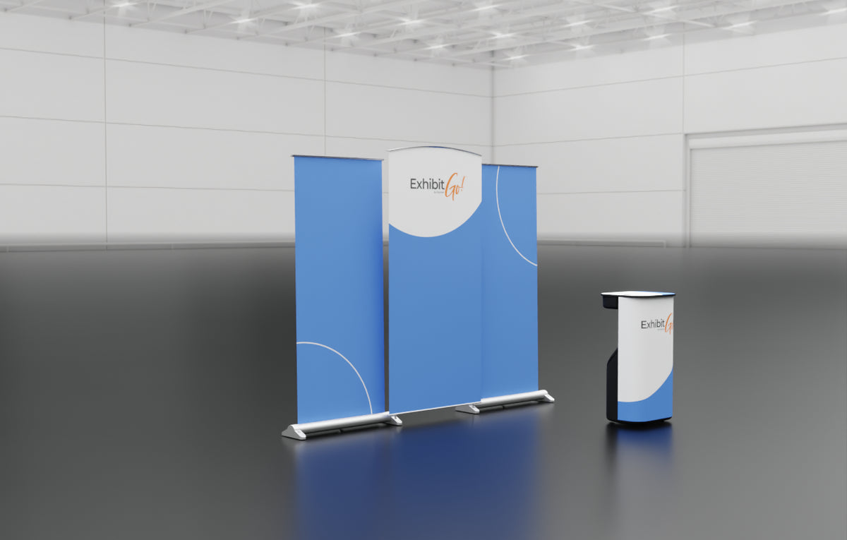 Three banners that can be combined to make one inline display; two banner stands and one central graphic panel, plus a display table