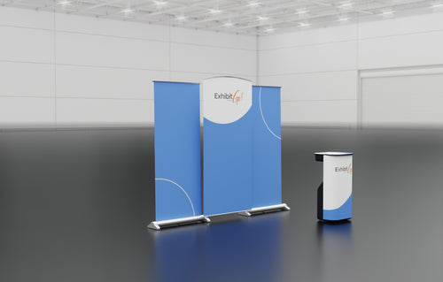 Three banners that can be combined to make one inline display; two banner stands and one central graphic panel, plus a display table