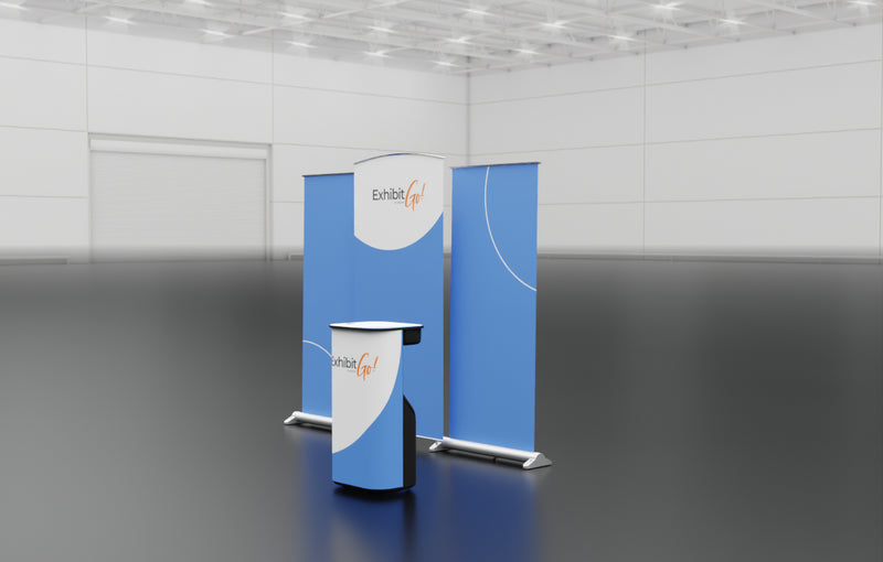 Three banners that can be combined to make one inline display; two banner stands and one central graphic panel, plus a display table