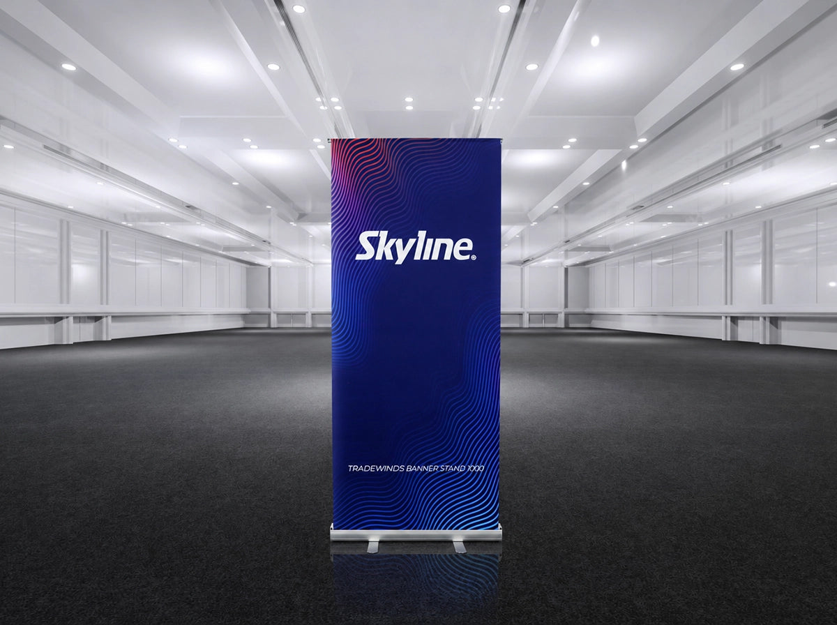 Entry-level retractable banner stand with spring-loaded aluminum base