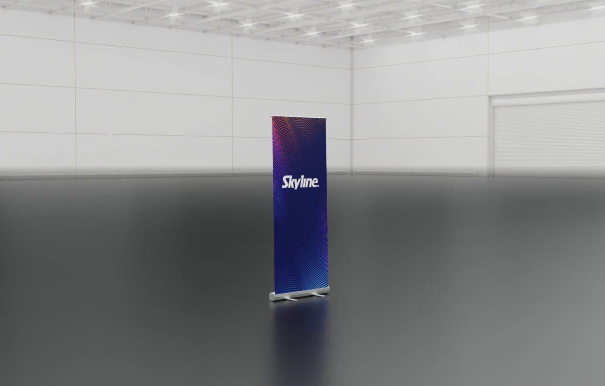 Entry-level retractable banner stand with spring-loaded aluminum base