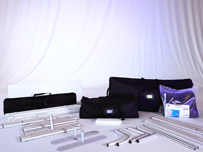10-foot straight backwall with aluminum frame and single-sided pillowcase fabric and graphic-wrapped table