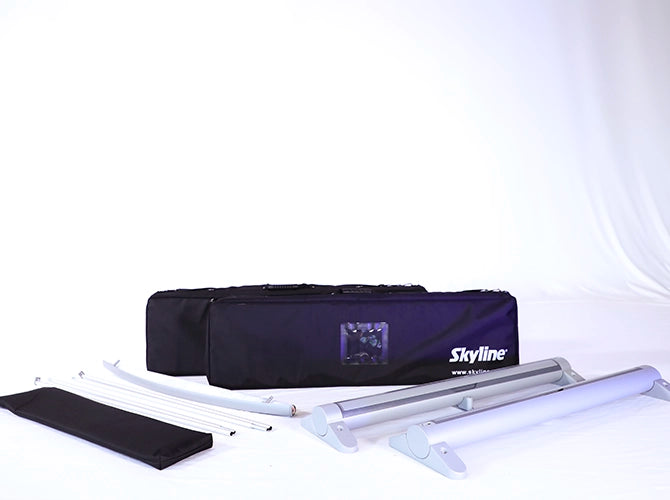 Three banners that can be combined to make one inline display; two banner stands and one central graphic panel