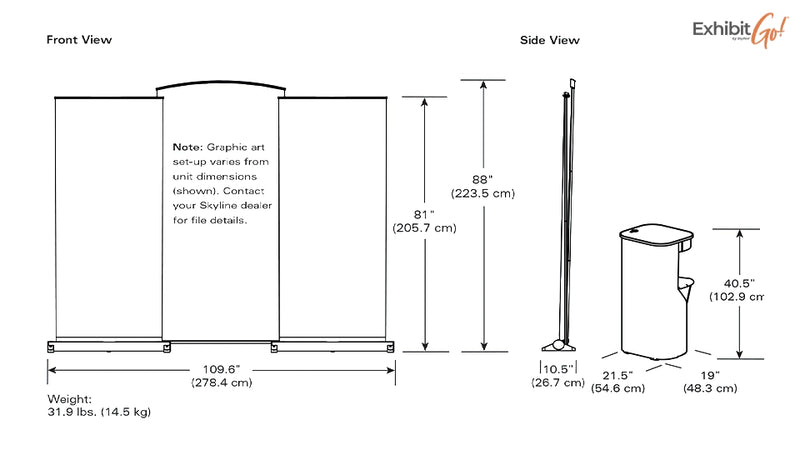 Three banners that can be combined to make one inline display; two banner stands and one central graphic panel, plus a display table
