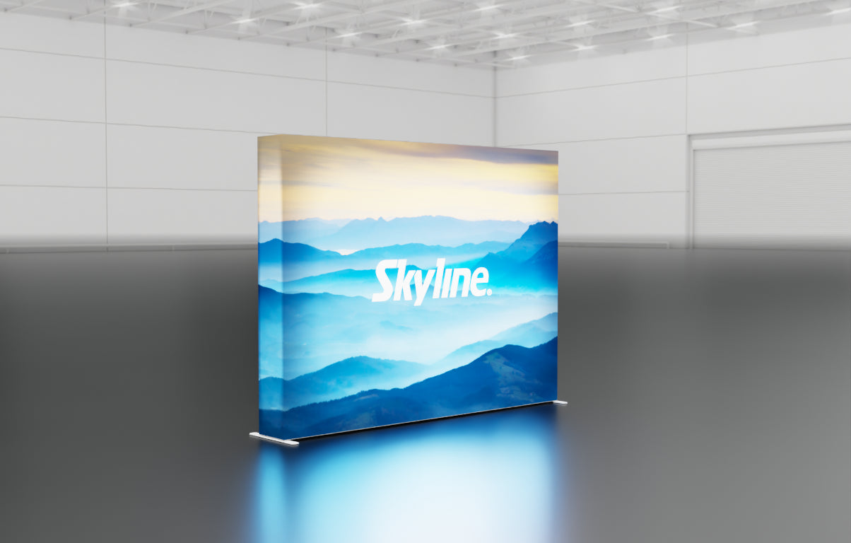 Pop-up 10-foot straight backlit display with silicon-edge fabric graphics