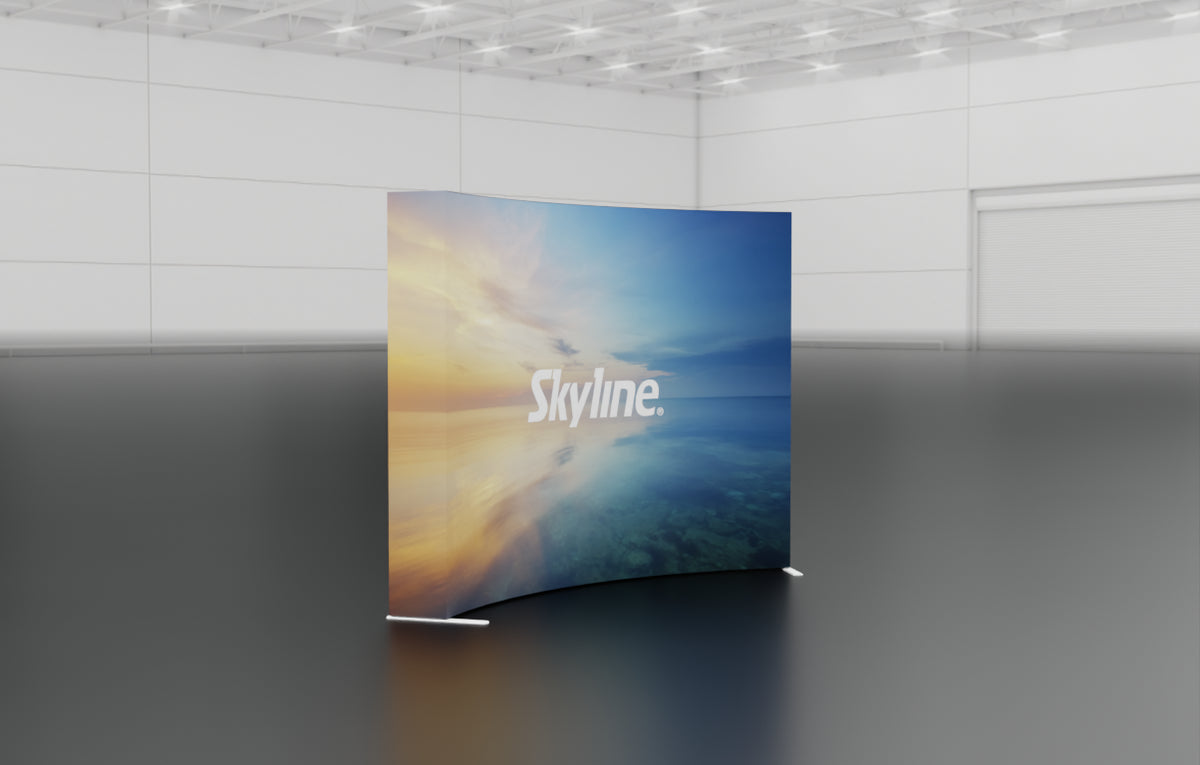 Pop-up 10-foot curved display with silicon-edge fabric graphics