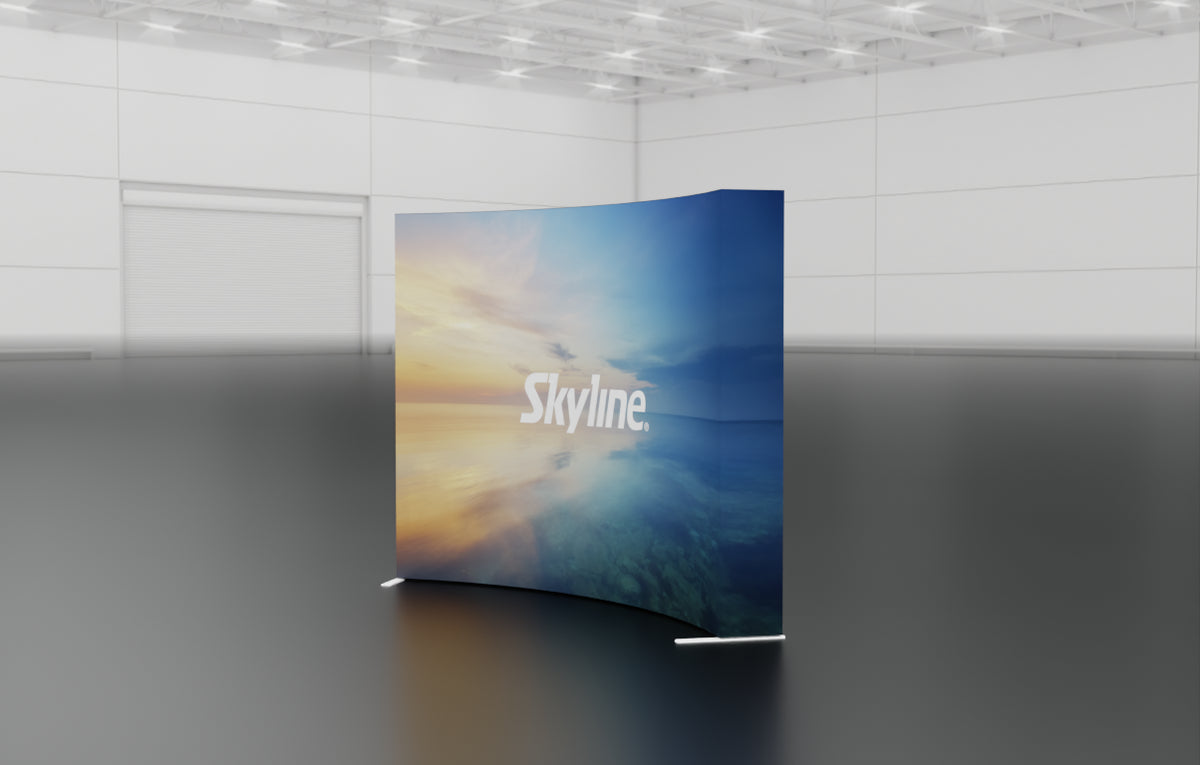 Pop-up 10-foot curved display with silicon-edge fabric graphics