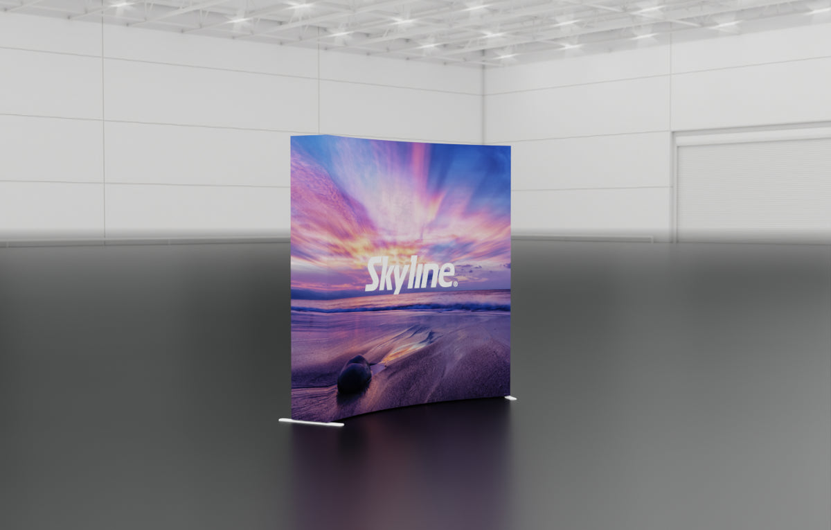 Pop-up 8-foot curved display with silicon-edge fabric graphics