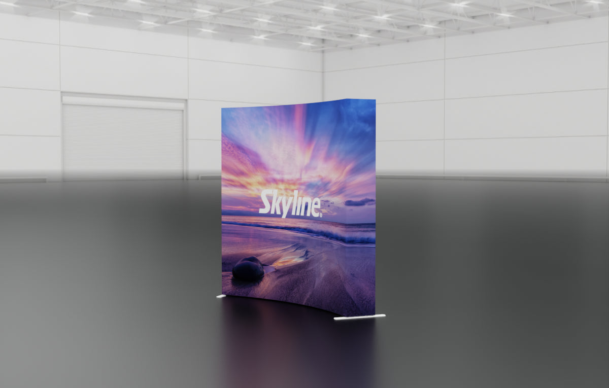 Pop-up 8-foot curved display with silicon-edge fabric graphics