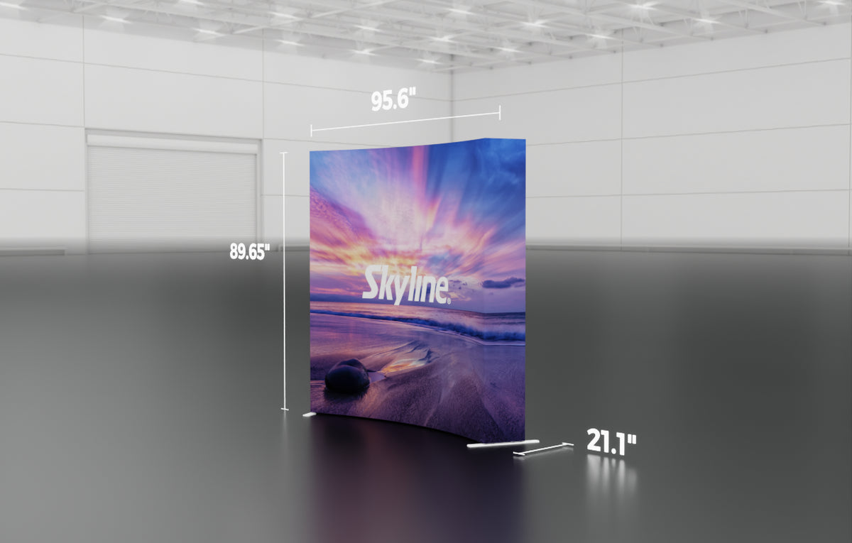 Pop-up 8-foot curved display with silicon-edge fabric graphics