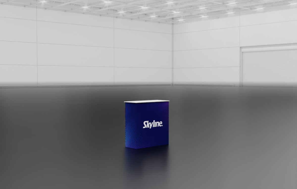 Small display table with wrap-around graphic