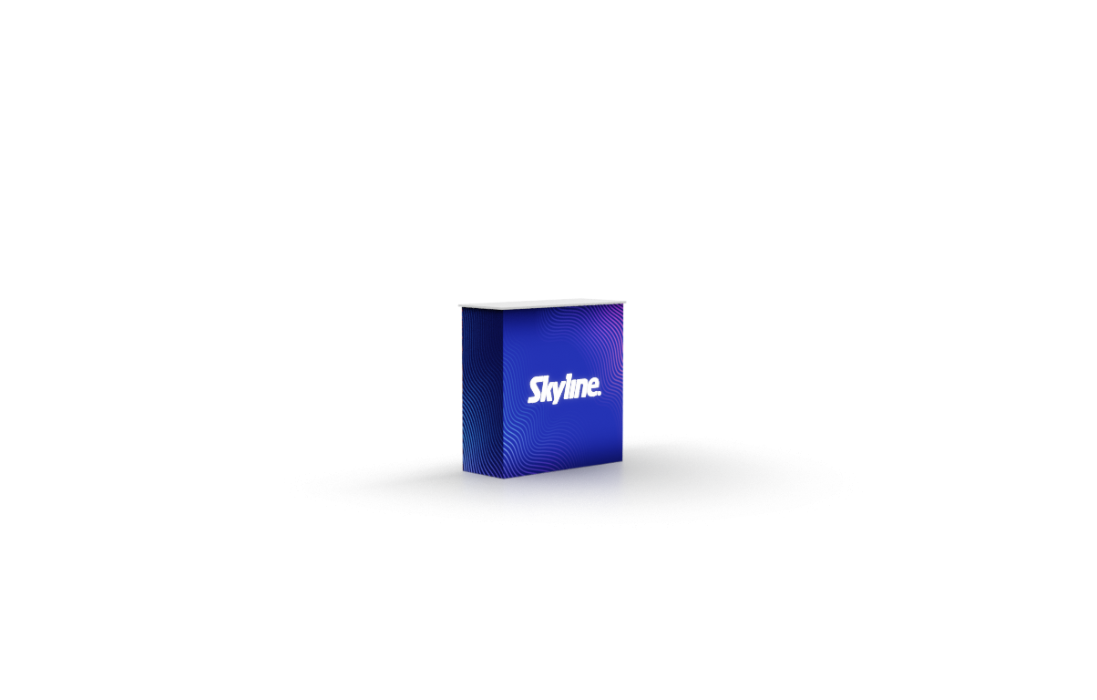 Small display table with backlit wrap-around graphic
