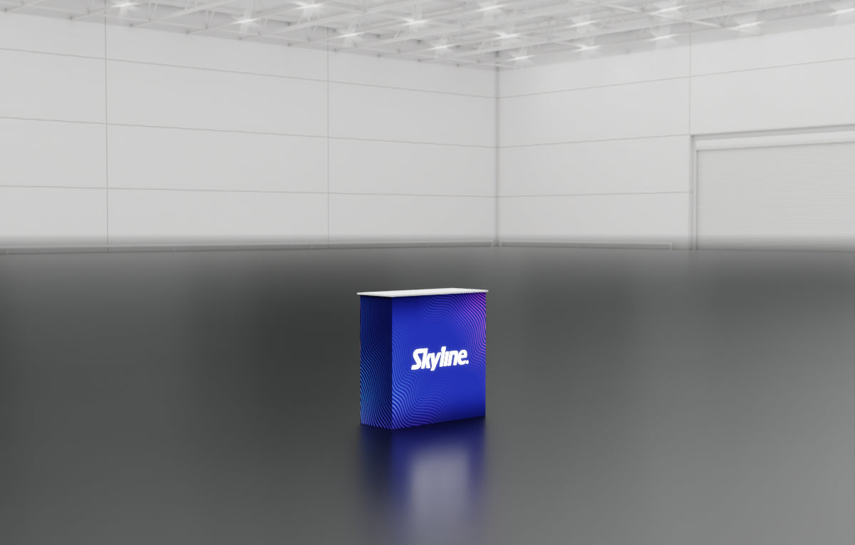 Small display table with backlit wrap-around graphic