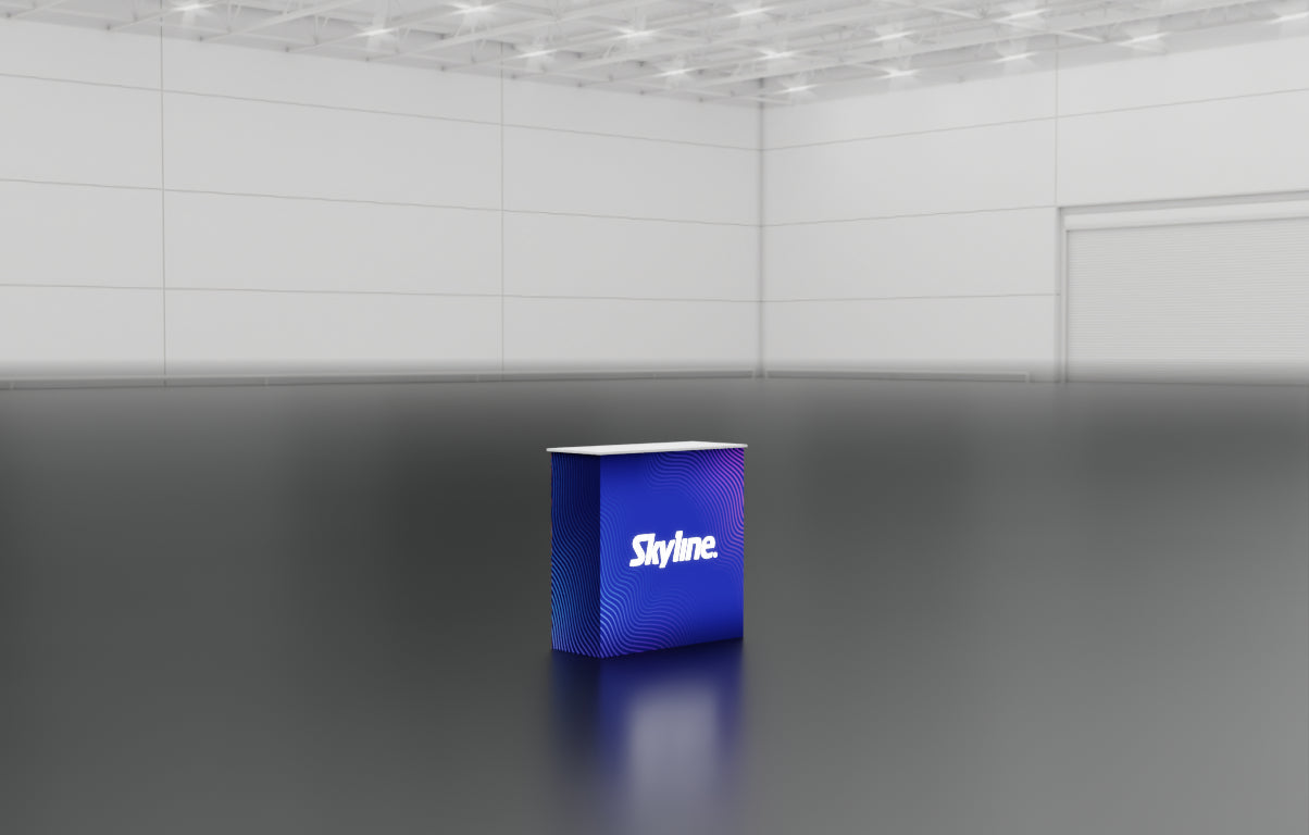Small display table with backlit wrap-around graphic