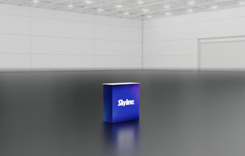 Small display table with backlit wrap-around graphic