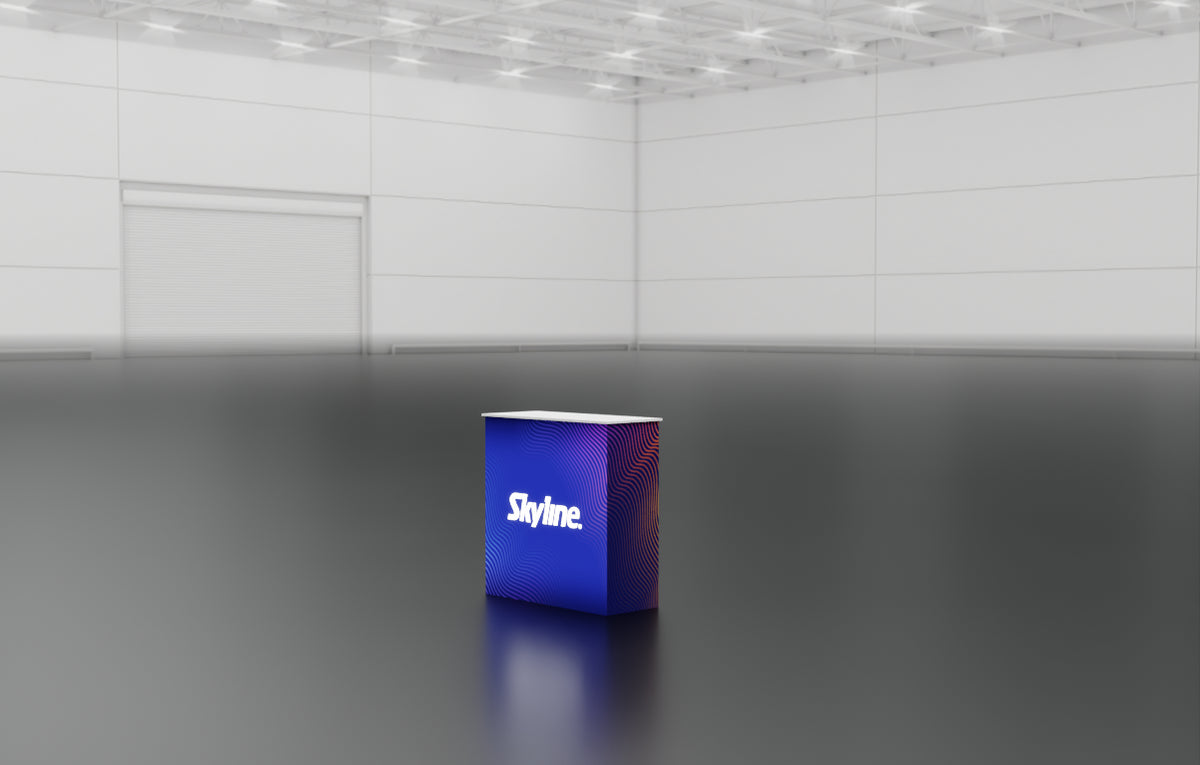 Small display table with backlit wrap-around graphic
