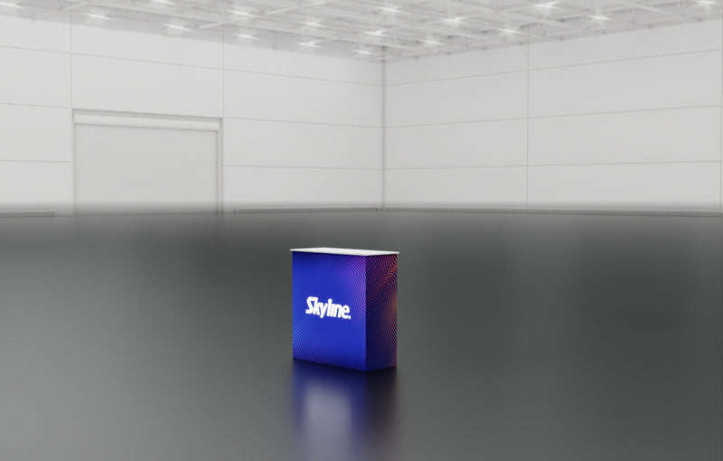 Small display table with backlit wrap-around graphic