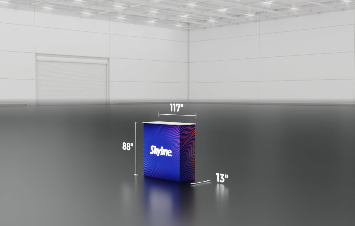 Small display table with backlit wrap-around graphic