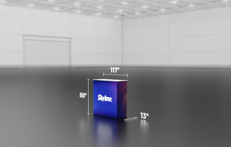 Small display table with backlit wrap-around graphic