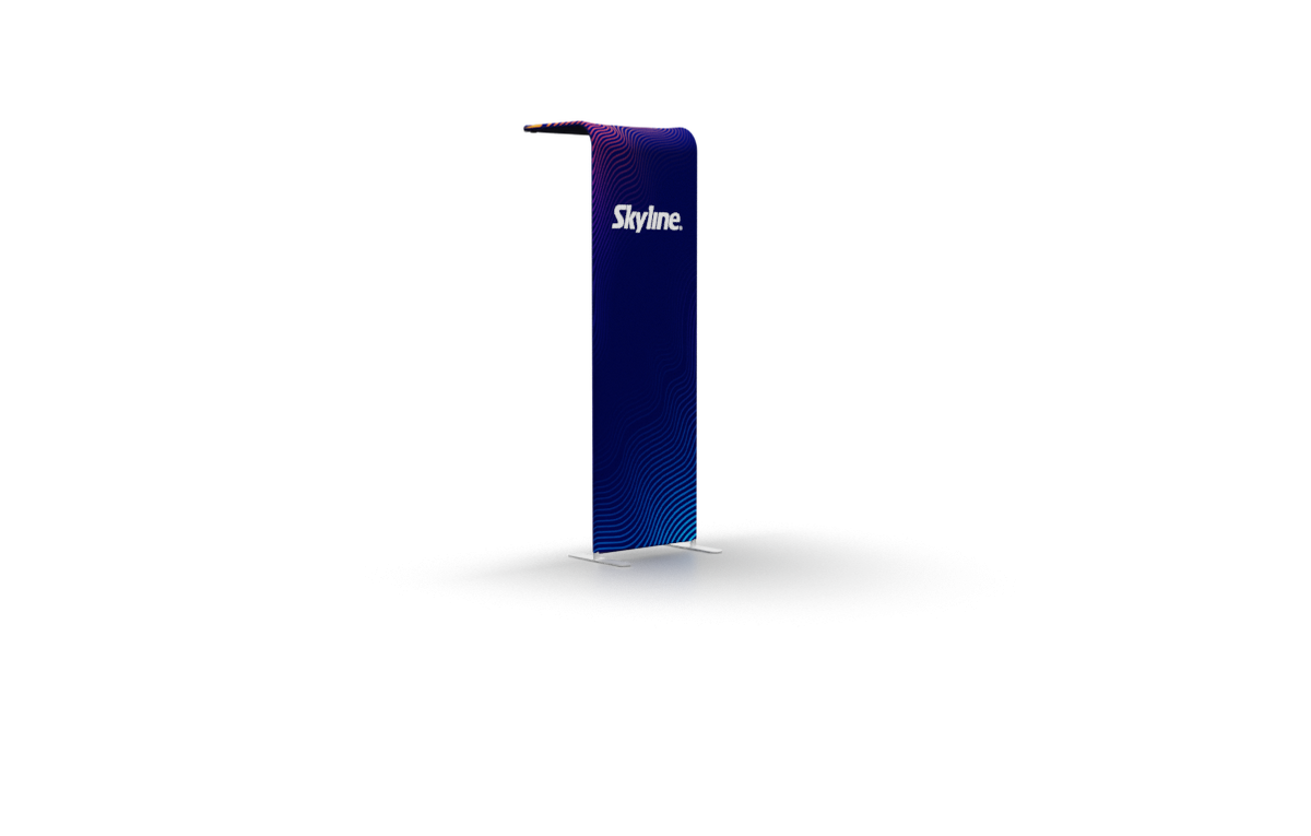 28" cascade-style display with aluminum frame and pillowcase graphic