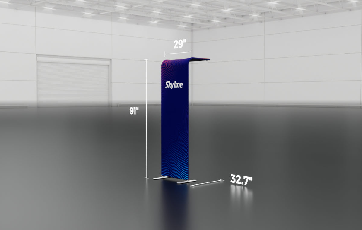 28" cascade-style display with aluminum frame and pillowcase graphic