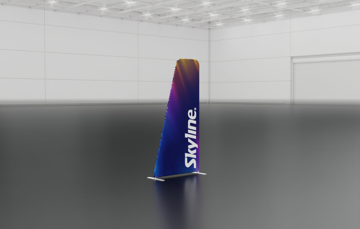 46" tapered straight backwall display with aluminum frame and single-sided pillowcase graphic