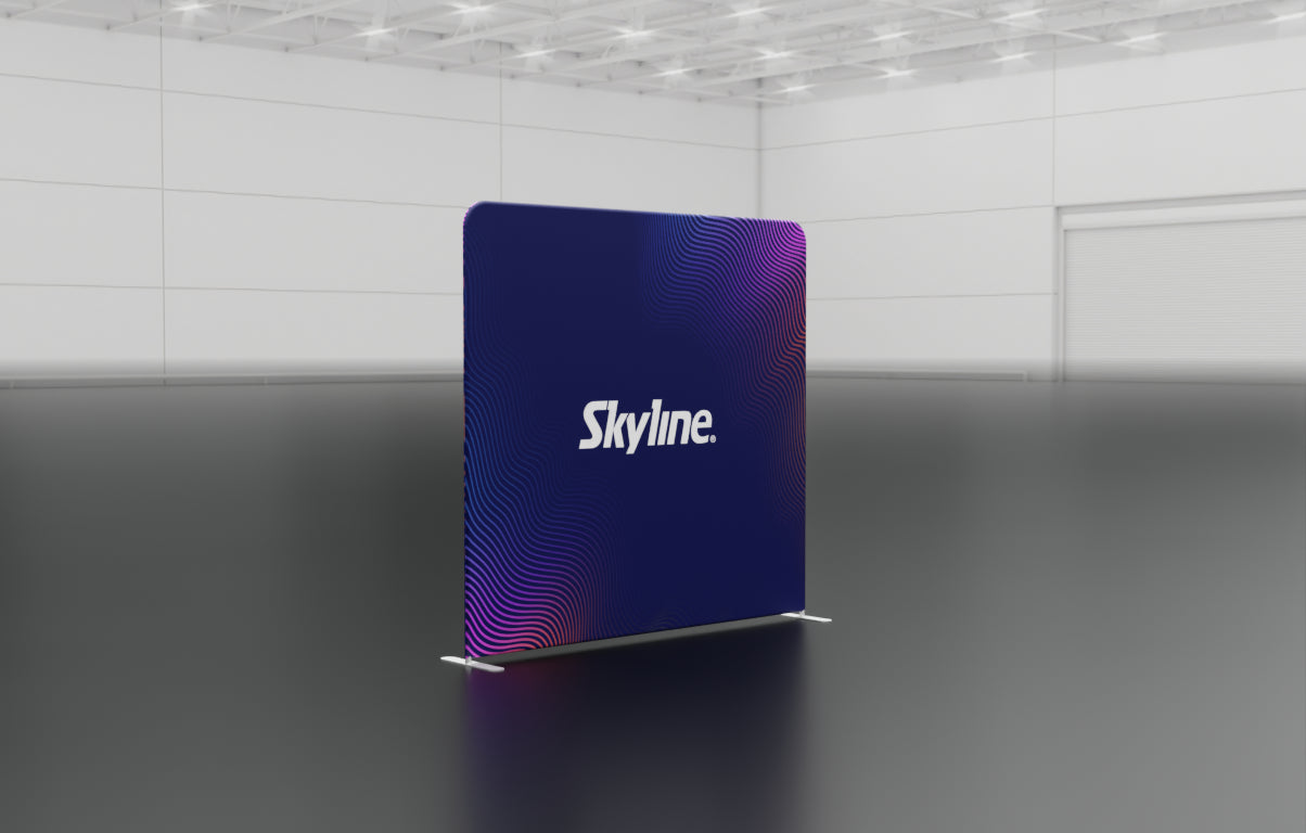 8-foot straight backwall display with aluminum frame and single-sided pillowcase graphic