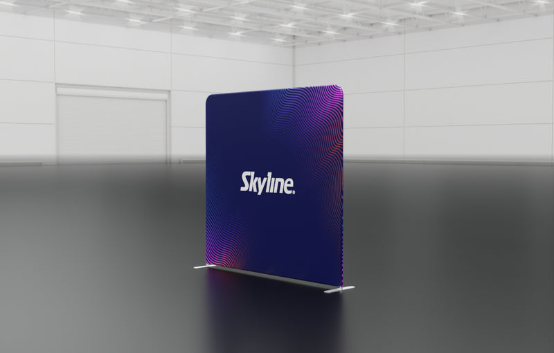 8-foot straight backwall display with aluminum frame and single-sided pillowcase graphic