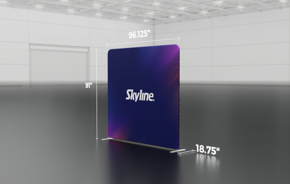 8-foot straight backwall display with aluminum frame and single-sided pillowcase graphic