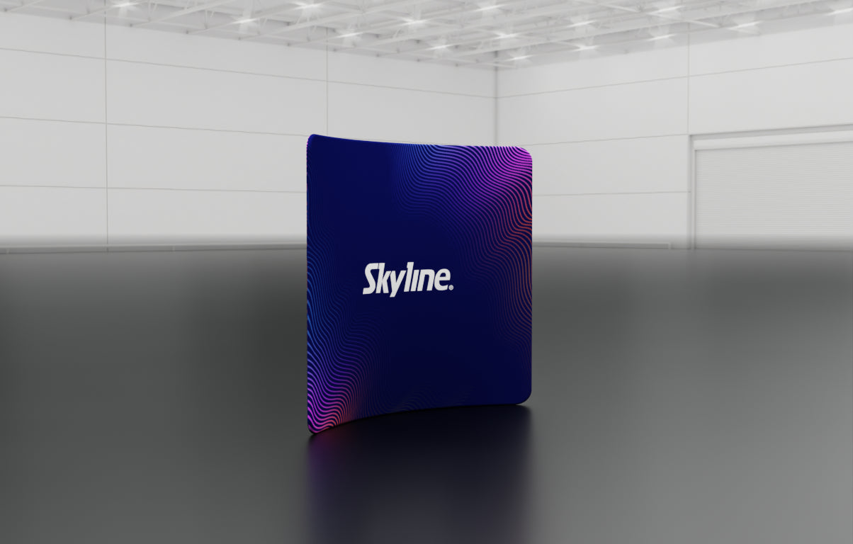 8-foot curved backwall display with aluminum frame and single-sided pillowcase graphic