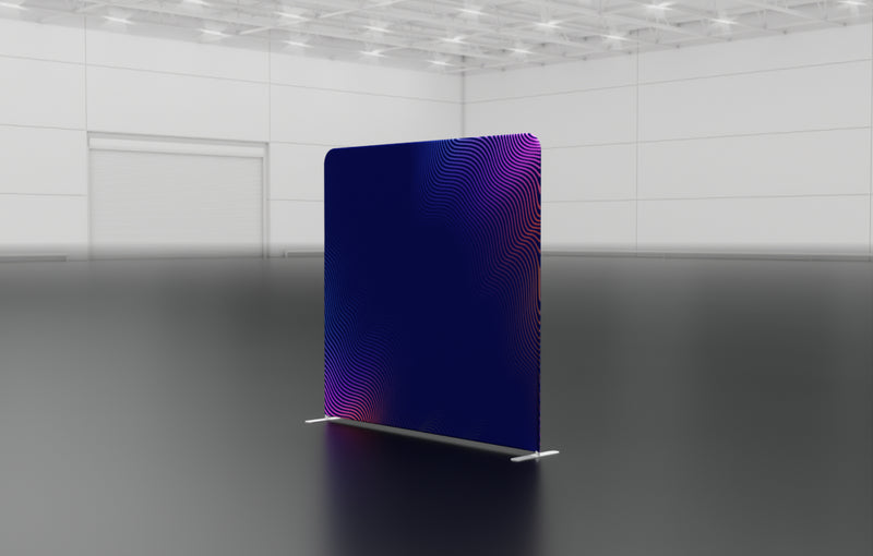 8-foot straight backwall display with aluminum frame and single-sided pillowcase graphic
