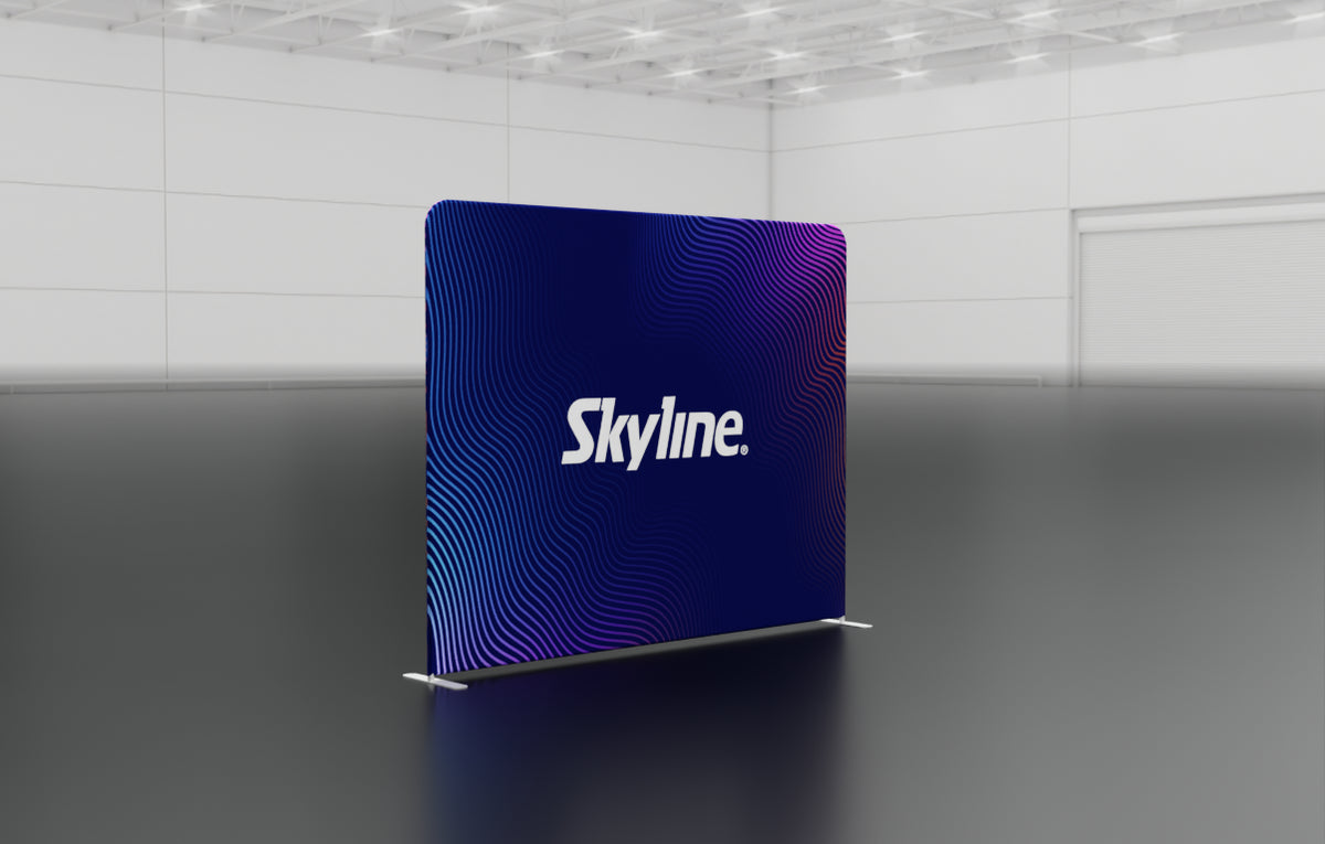 10-foot straight backwall display with aluminum frame and single-sided pillowcase graphic