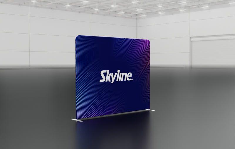 10-foot straight backwall display with aluminum frame and single-sided pillowcase graphic