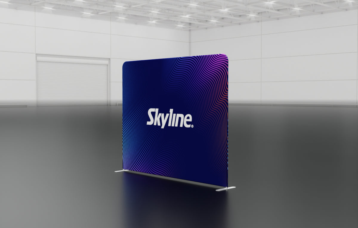 10-foot straight backwall display with aluminum frame and single-sided pillowcase graphic
