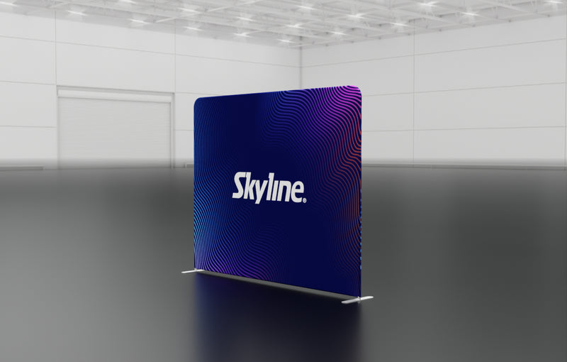 10-foot straight backwall display with aluminum frame and single-sided pillowcase graphic