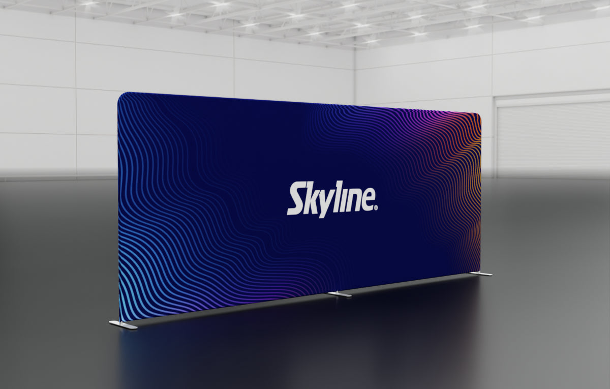 20-foot straight backwall display with aluminum frame and single-sided pillowcase graphic