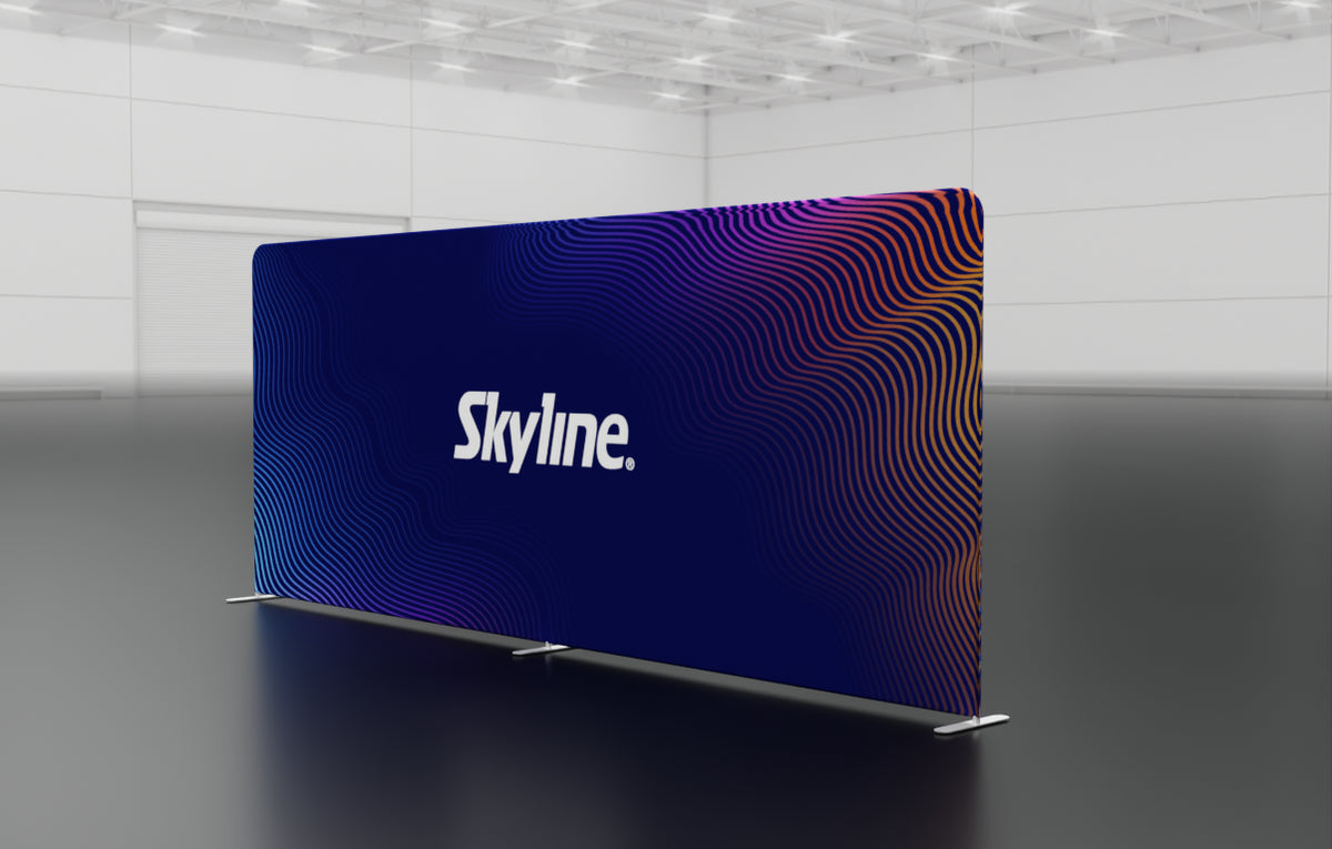 20-foot straight backwall display with aluminum frame and single-sided pillowcase graphic